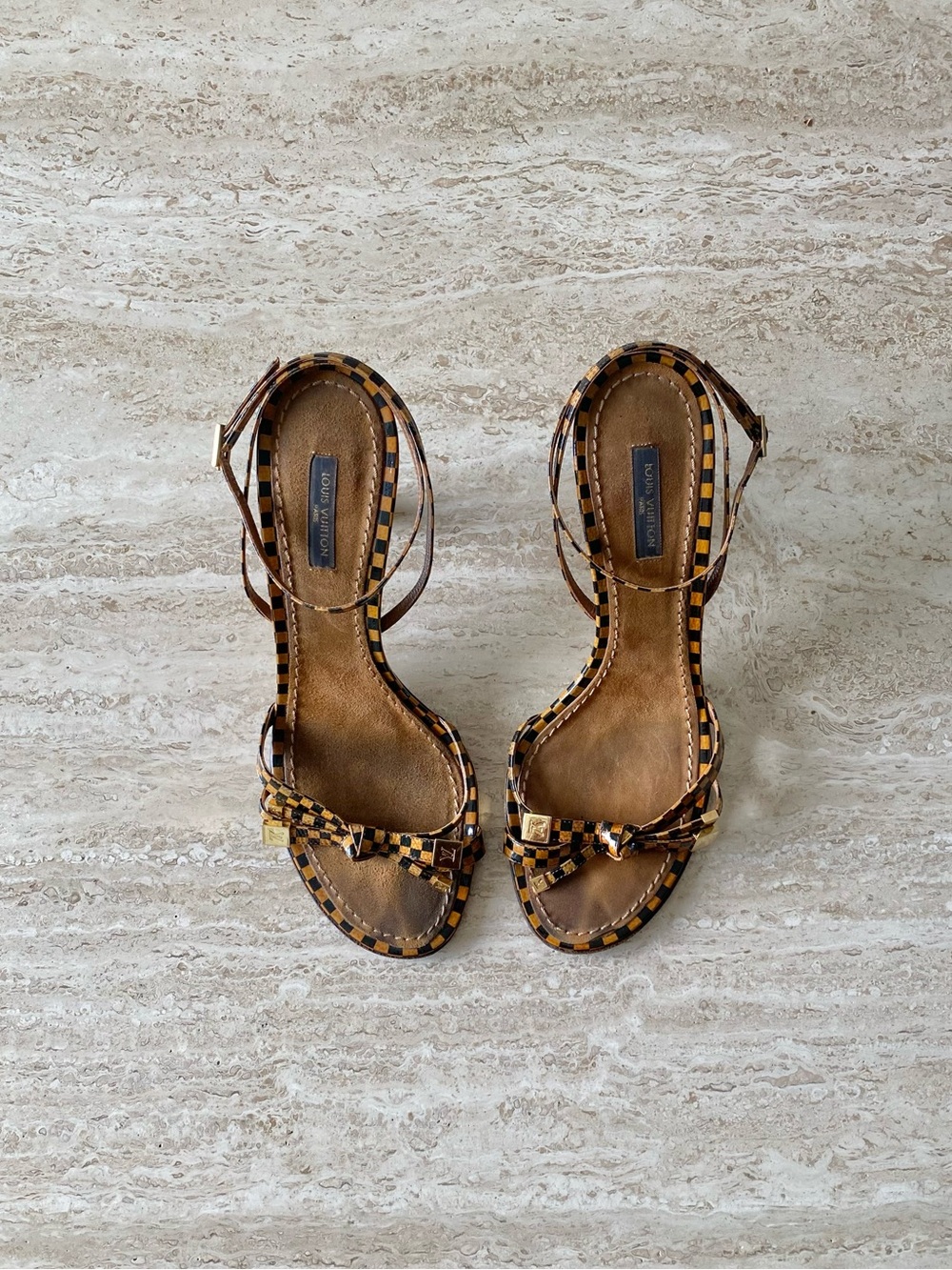 Vintage Louis Vuitton Damier LV Bow Ankle Strap Sandal Heels - Picture 2 of 8
